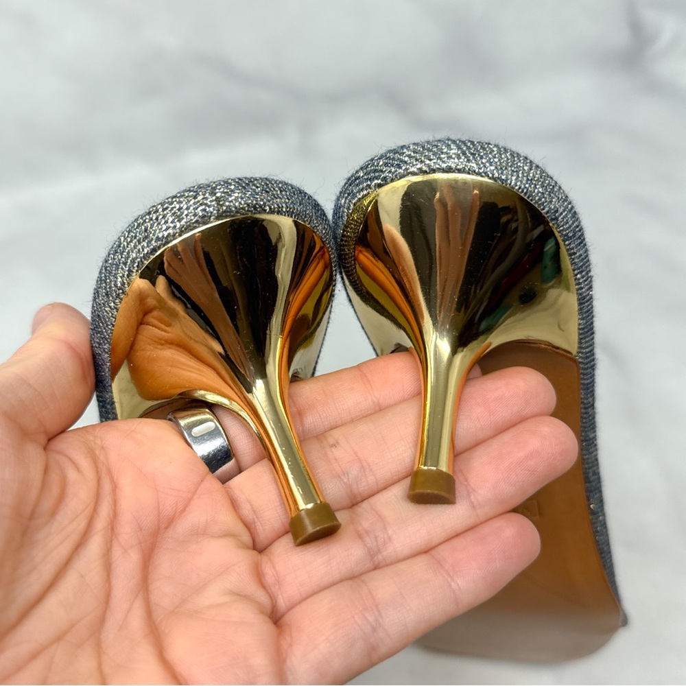 NEW Vicini by Giuseppe Zanotti Glitter Denim Low Kitten Heel Mule Sandal Gold 40 - Picture 11 of 16